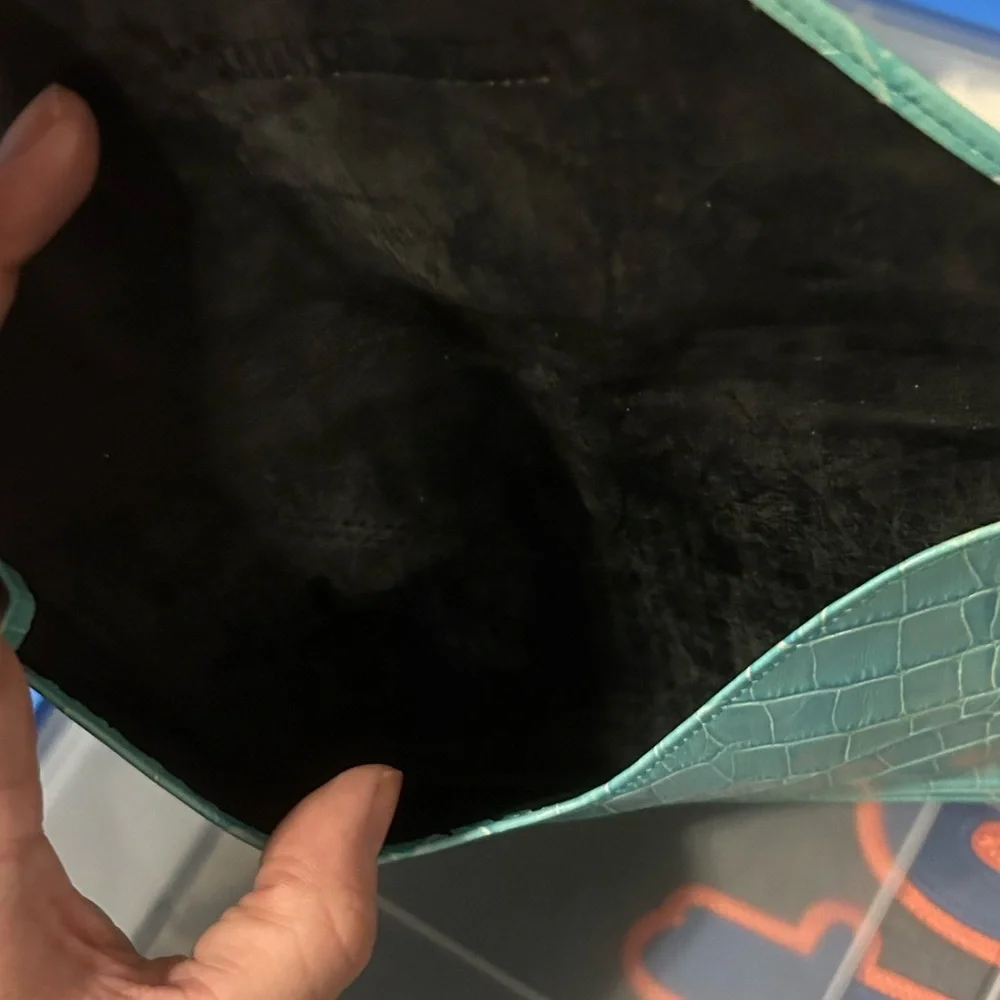 Vintage Teal Croc Embossed Leather Envelope Clutch w/ Silver Bumble Bee
